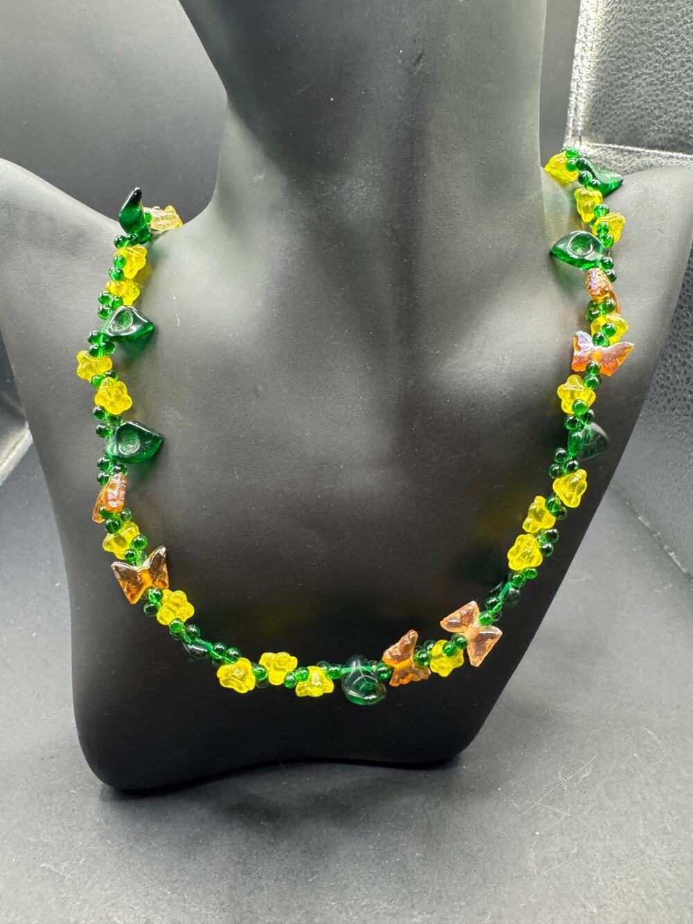 Vintage Glass Enamel Flowers Hearts Butterflies Cluster Beaded Necklace 22"